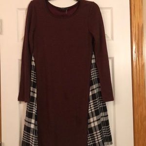 THML Burgundy Ribbed Midi Dress with Black & White Plaid Panels
